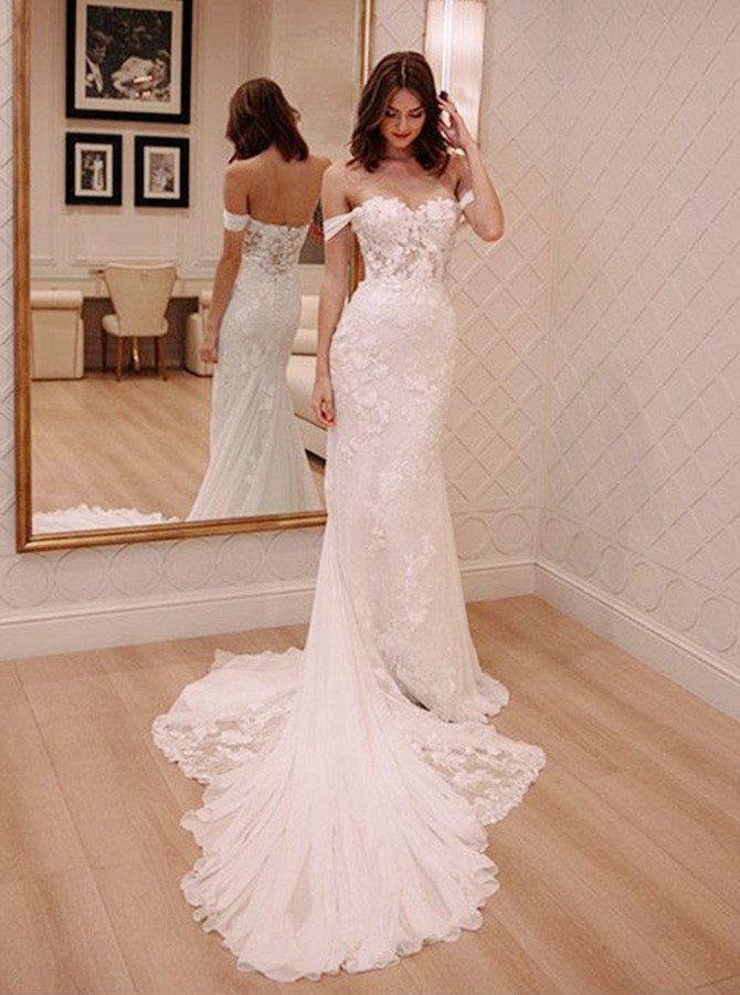 off the shoulder sheath wedding dress