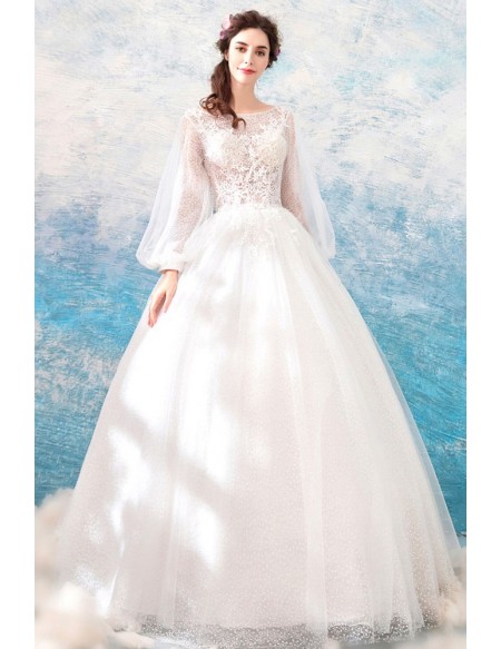 knee length dresses for ladies Long Lantern Sleeves Tulle See Through Lace Applique Wedding Dresses ,CW0104 US8 / As Pic