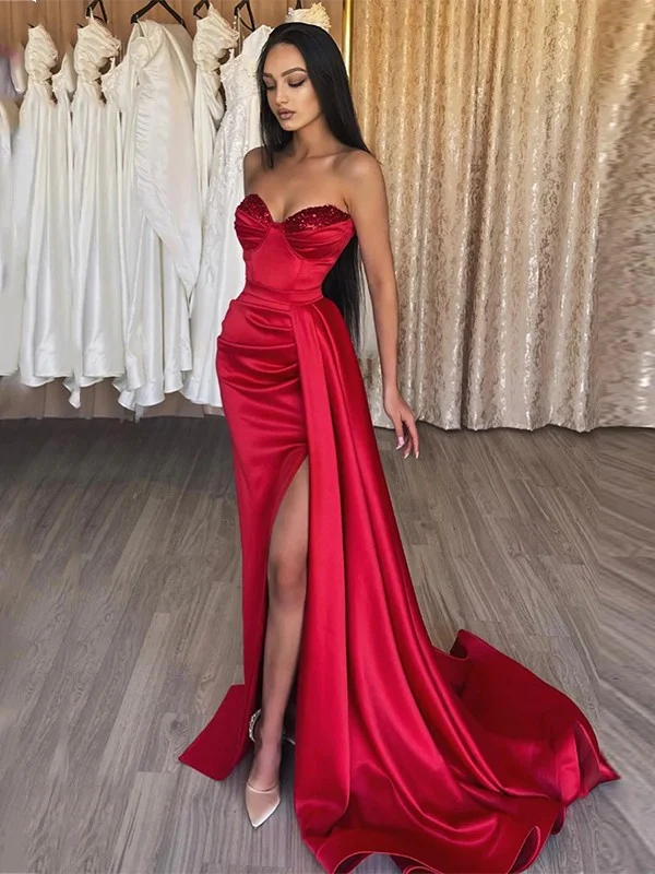 Shop 2023 ANNAKOO Red Satin Ruched Sweetheart Mermaid Prom Dress Under 135