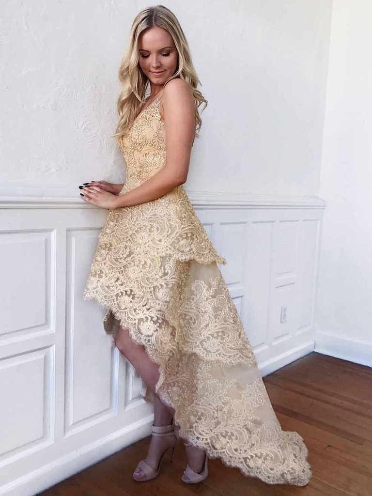 high low gold prom dresses