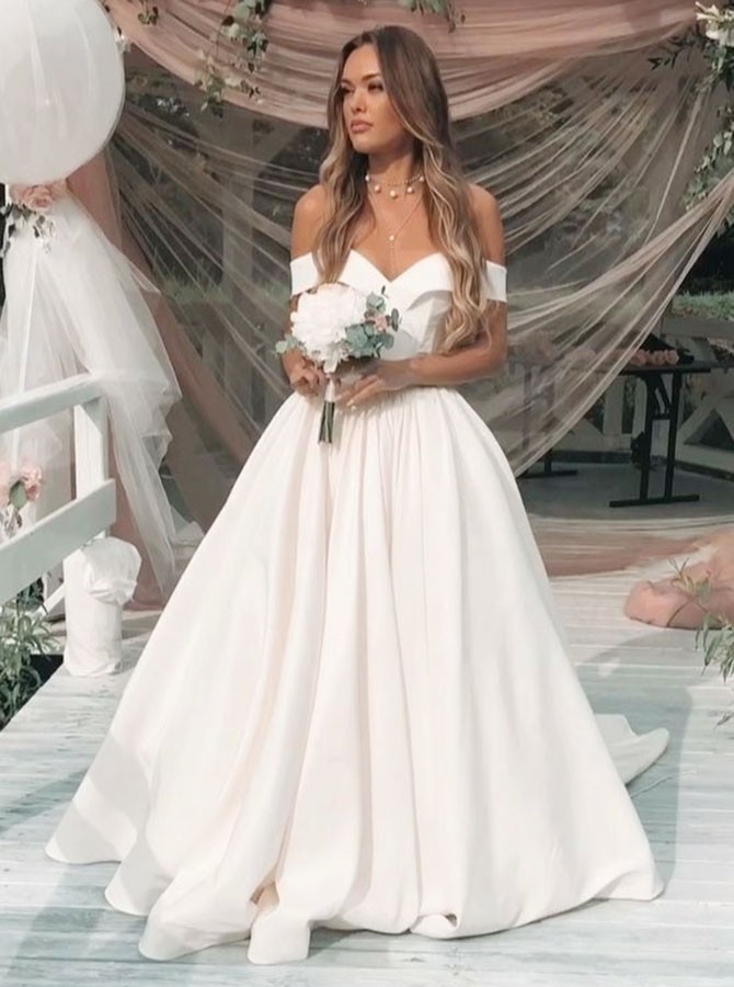 off the shoulder satin wedding gown