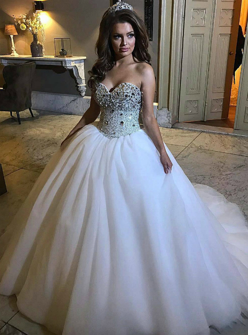 Shop Luxury Sweetheart Sparkly Corset White Ball Gown Tulle Wedding Dress  With Crystal Under 300