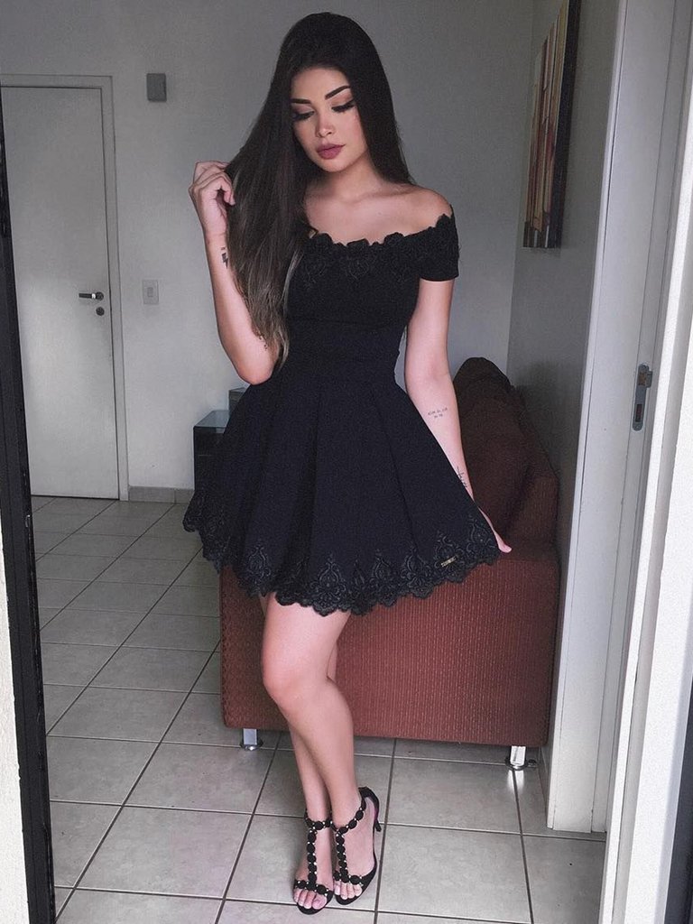 Cute Off Shoulder Lace Black Short Homecoming Dress