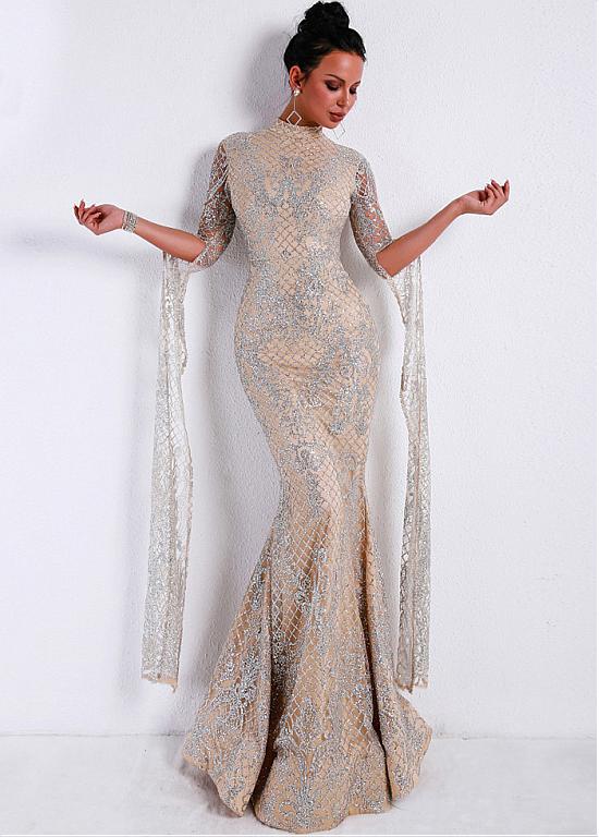 Sparkling Champagne Long Sleeve Tulle High Collar Mermaid Evening Dresses