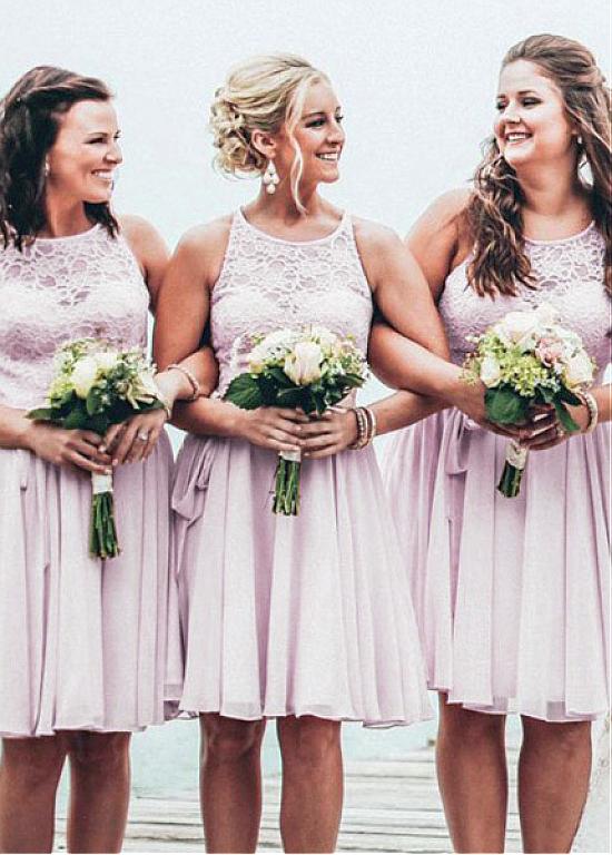 Shop Beach Chiffon Jewel Blush Knee-length A-line Bridesmaid