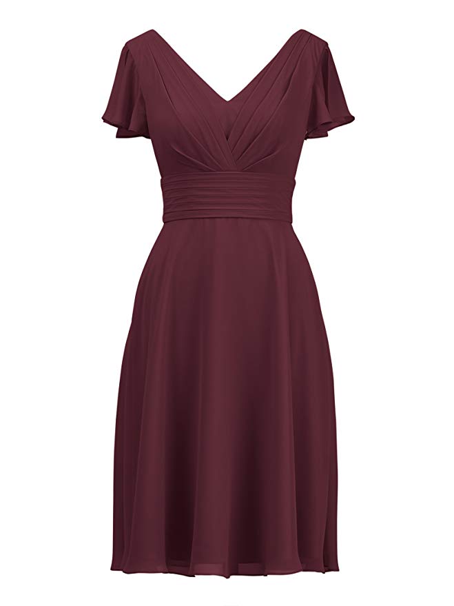 white christmas dresses Cute Chiffon Round Neck Short Burgundy Bridesmaid dresses with Appliqu –  Newinlook main image 1