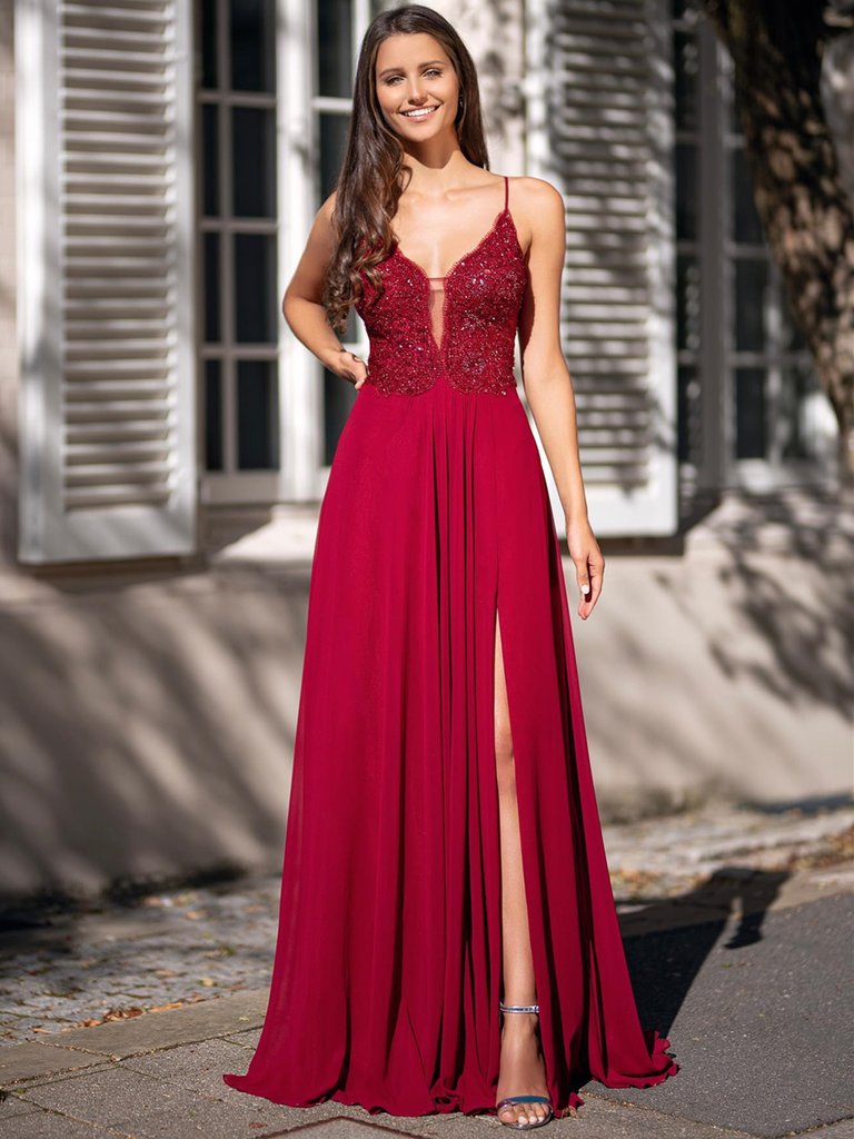 Shop 2021 Burgundy Spaghetti Straps Beading Mesh Chiffon Prom Dress With Slit Under 128