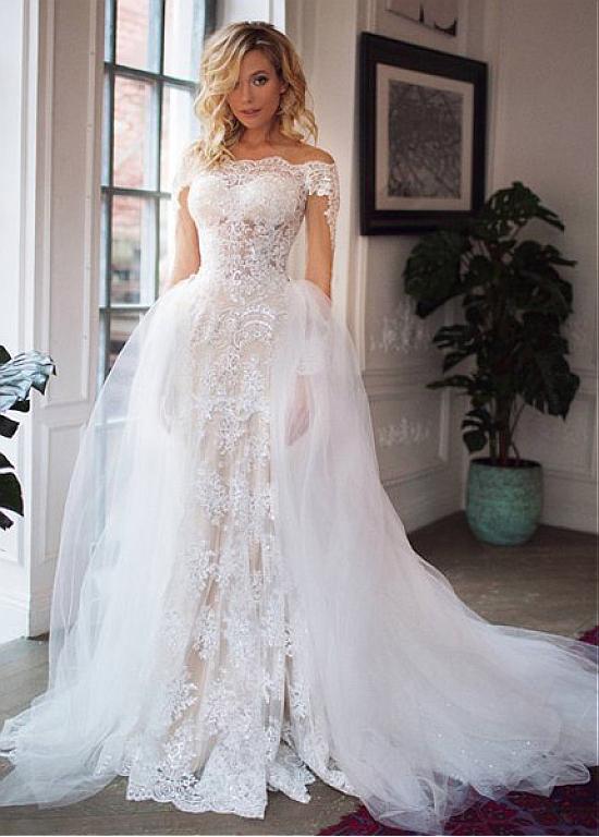 Tulle Off-the-shoulder Detachable Skirt 2 In 1 Wedding Dresses With Lace Appliques Tulle Off-the-shoulder Detachable Skirt 2 In 1 Wedding Dresses With Lace Appliques