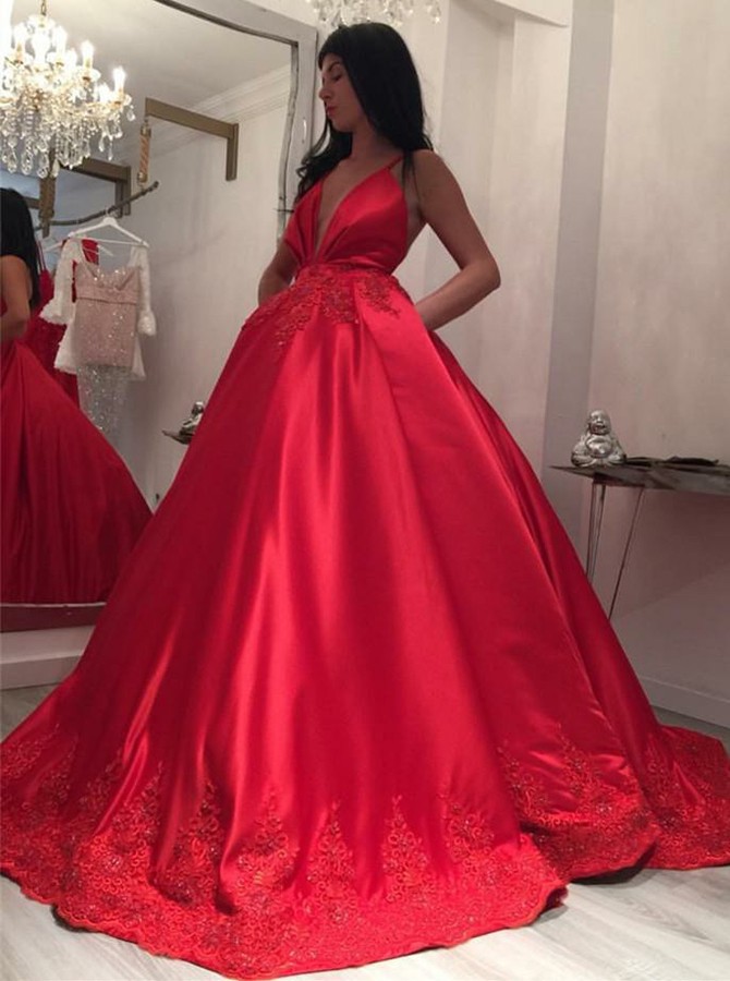 red ball gown with pockets