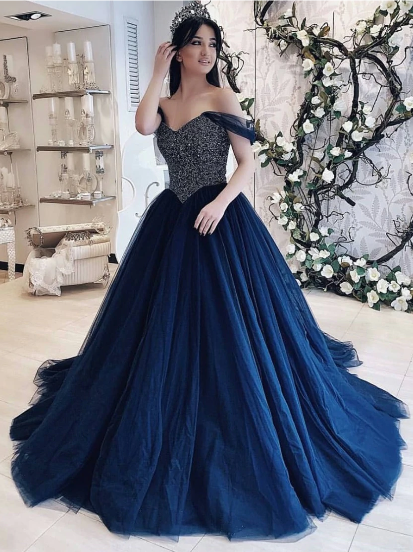 blue dress for baby girl Navy Blue Off Shoulder Ball Gown Tulle Lace Appliqued Quinceanera Dres –  Hebebridal main image 1