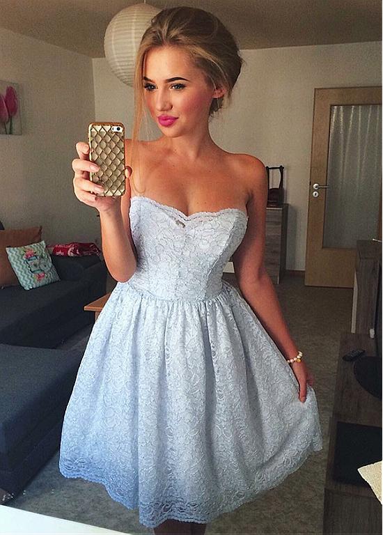 ice blue short formal dress Blue Short Prom Dress, Puffy Cute Blue Homecoming Dress with Lace US 6 / Custom Color