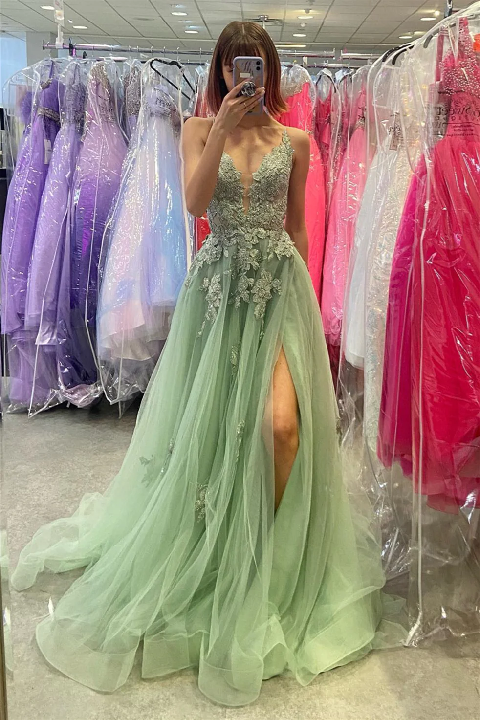 green emerald velvet dress Sage Green Tulle A-line Strapless Sweetheart Neck Prom Dresses With Slit,  MP936 main image 1