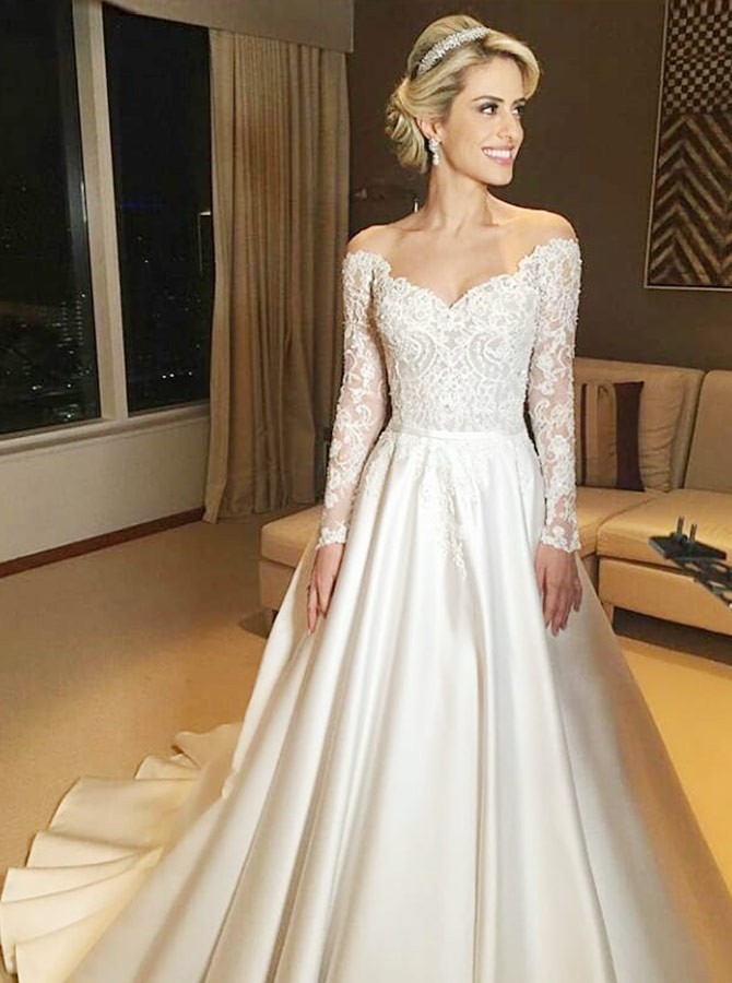 bardot long sleeve wedding dress