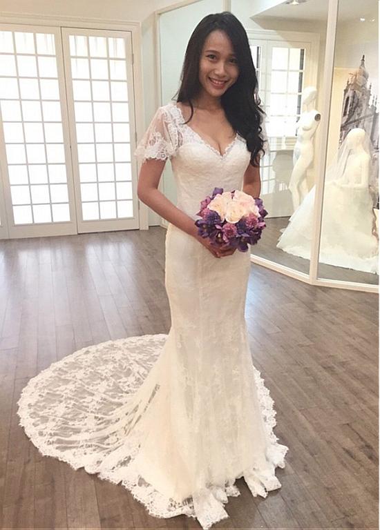 ivory wedding dress mermaid Ivory lace wedding dress trumpet mermaid – Bela Bridal