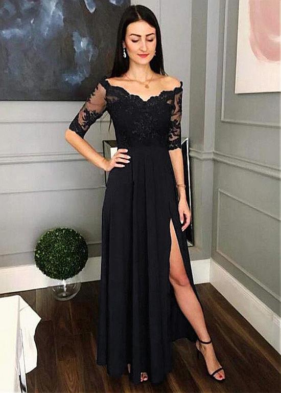 Shop 2019 Half Sleeves Off-the-shoulder Black A-line Evening Dress With Lace  Appliques & Slit