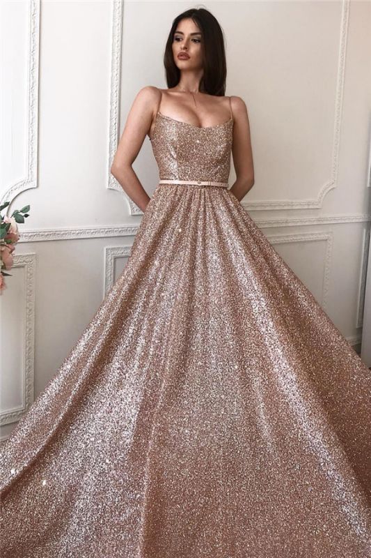 green emerald velvet dress Sparkly Rose Gold Long Prom Dresses A Line V Neck Rose Golden Formal G –  Lwt Dress main image 1