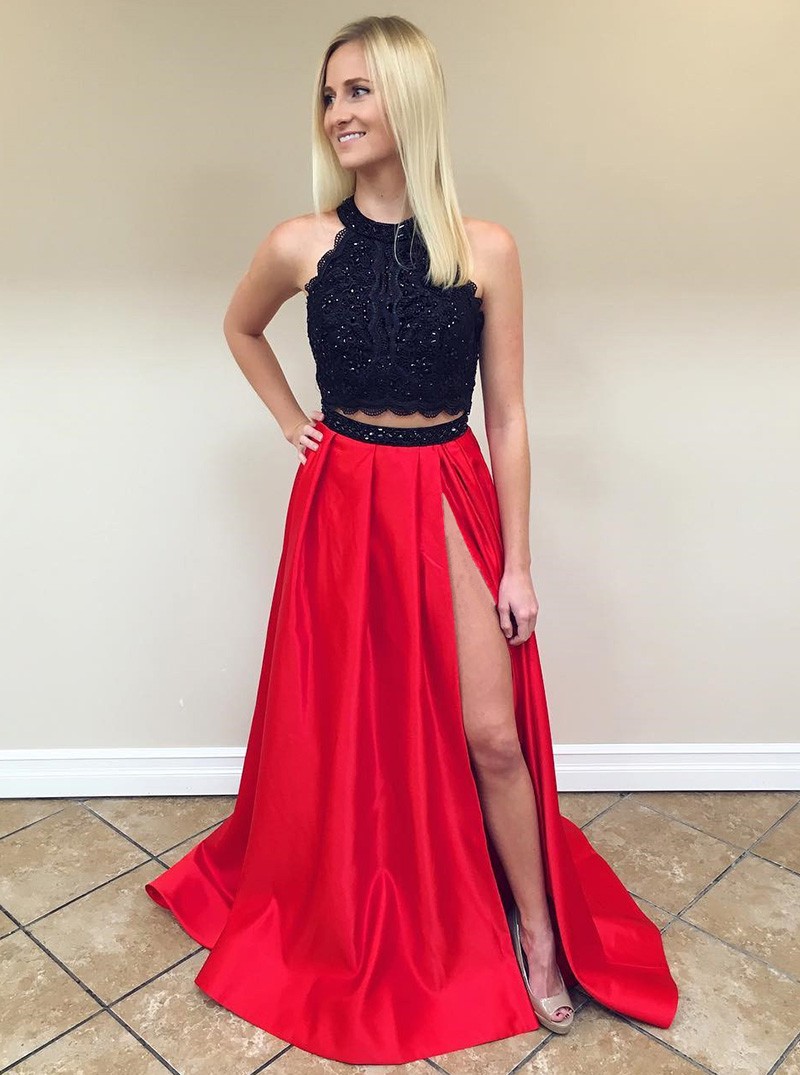 Two Piece Round Neck Black Red Split Satin Prom Dress