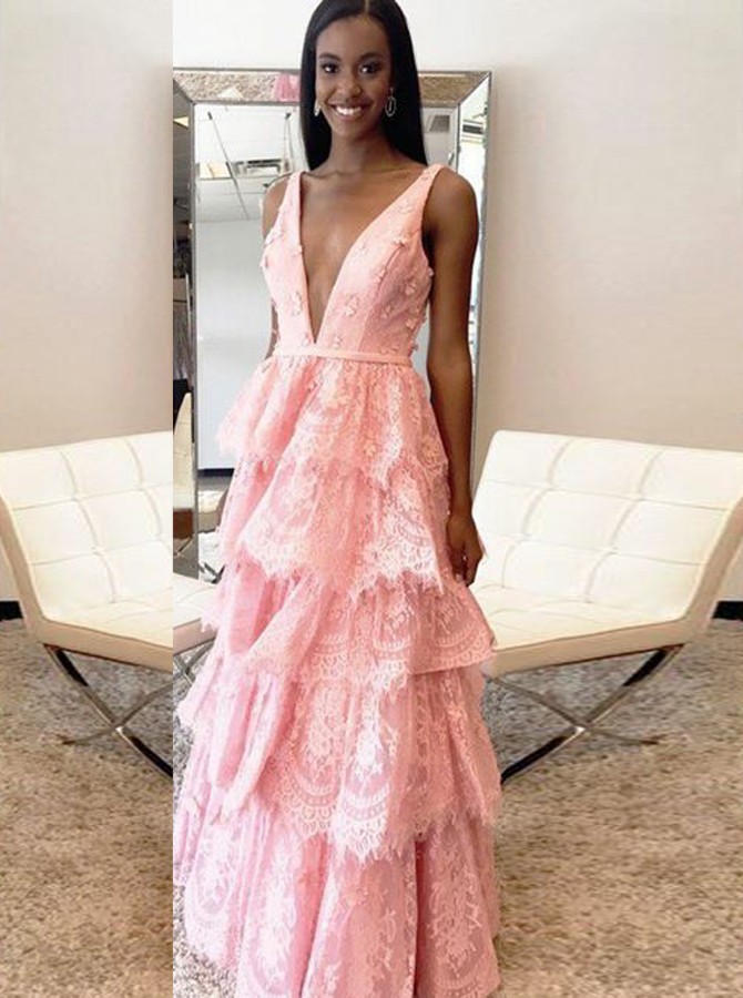 pink lace v neck dress