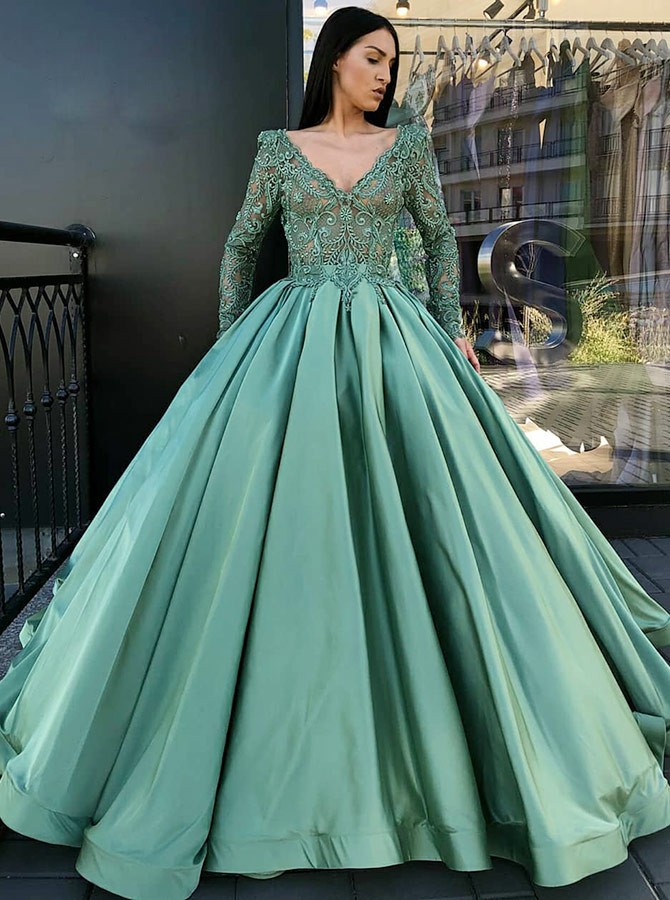 green satin ball gown