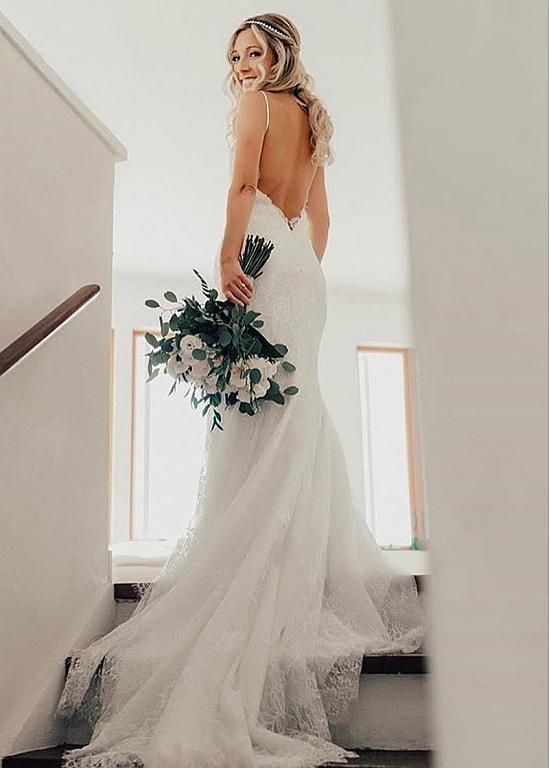 Cheap Elegant Lace Spaghetti Straps Backless Mermaid Wedding Dress