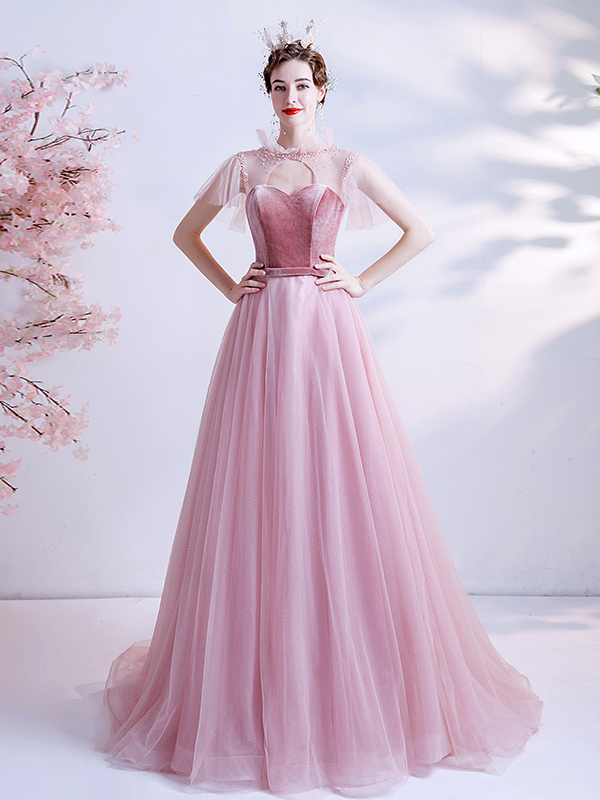 strapless open back dress Pink Tiered Ruffle Prom Dress with Sheer Lace Bodice – RF042 – Viniodress main image 1
