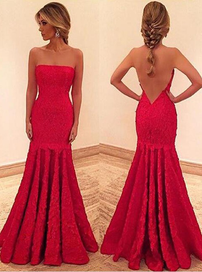 Mermaid Strapless Long Backless Red Lace Prom Dress