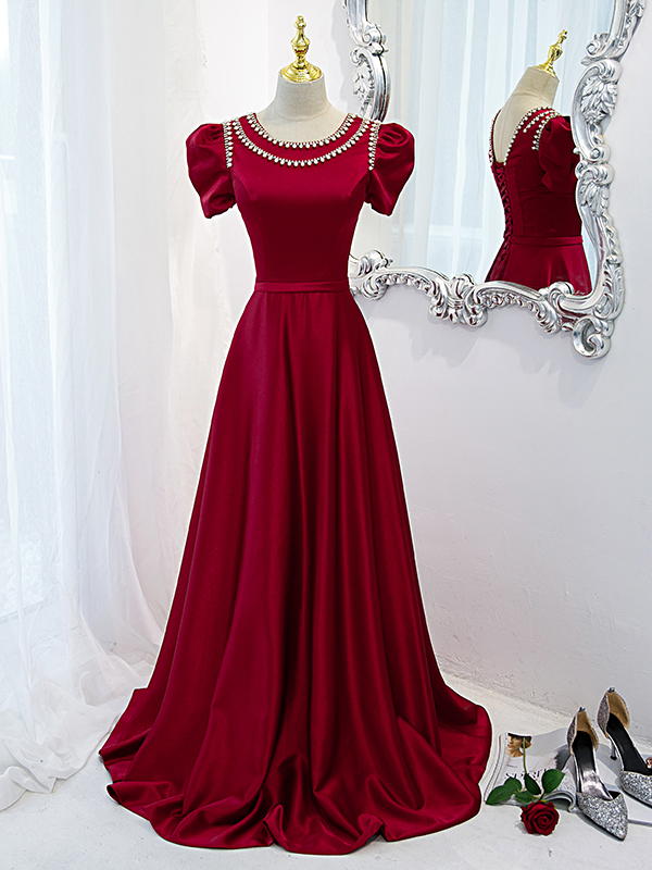 Burgundy Satin Puffy Sleeve Lace Up Prom Dress