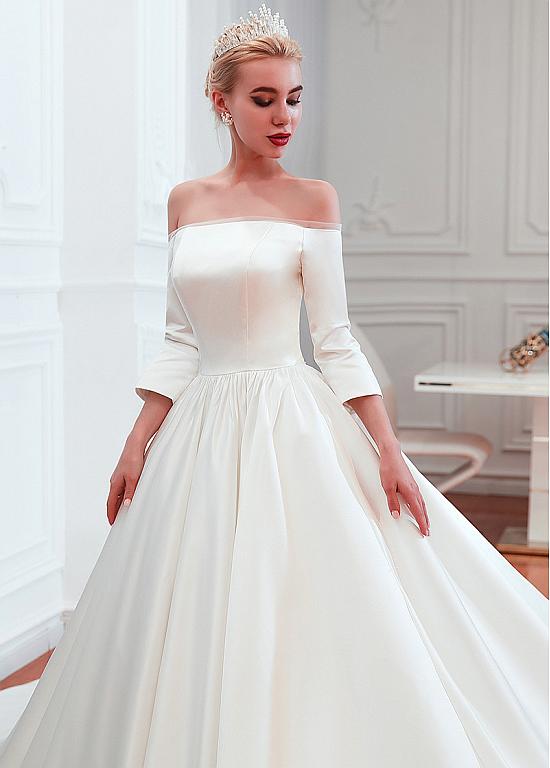 satin wedding dress off the shoulder