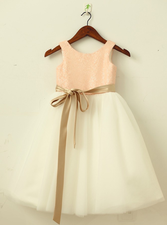slim fit dress slacks Peach Lace Tulle Spaghetti Straps Wedding Flower Girl Dress, Beaded Be main image 0