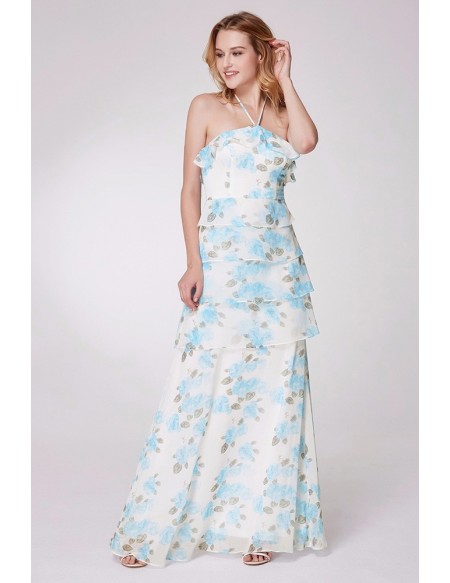 Layered Long Halter Blue Floral Print Bridesmaid Dress Layered Long Halter Blue Floral Print Bridesmaid Dress