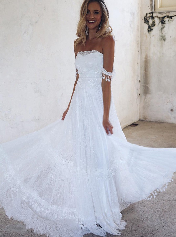 off the shoulder beach wedding dress