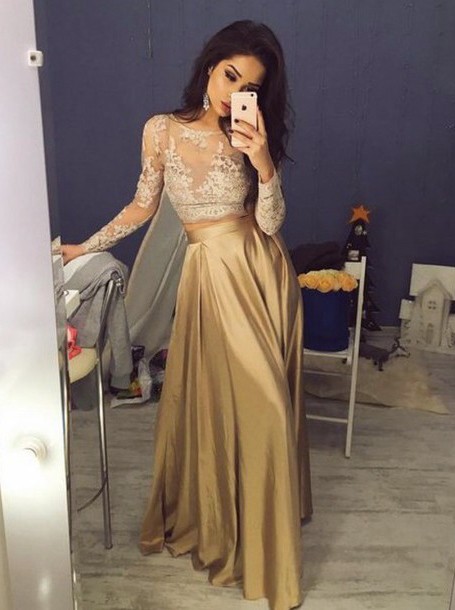 gold long sleeve lace dress