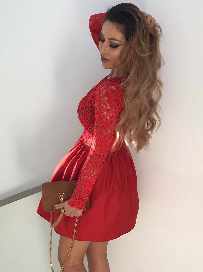 Red Satin Simple V-Neck Long Sleeves Homecoming Dress with Lace