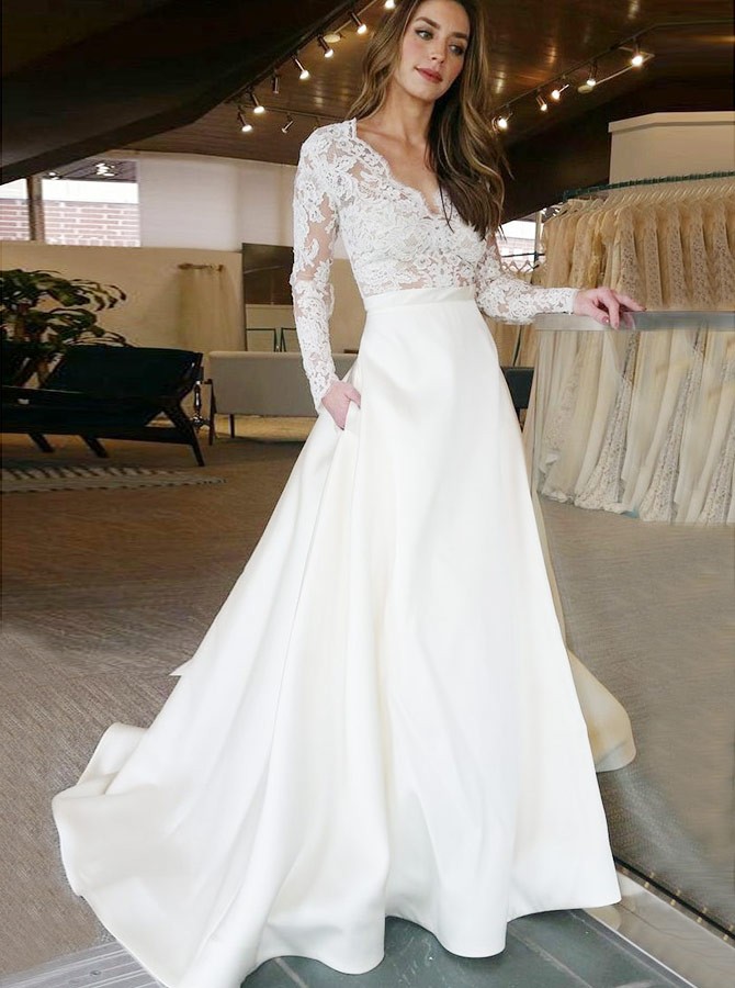 lace top long sleeve wedding dress