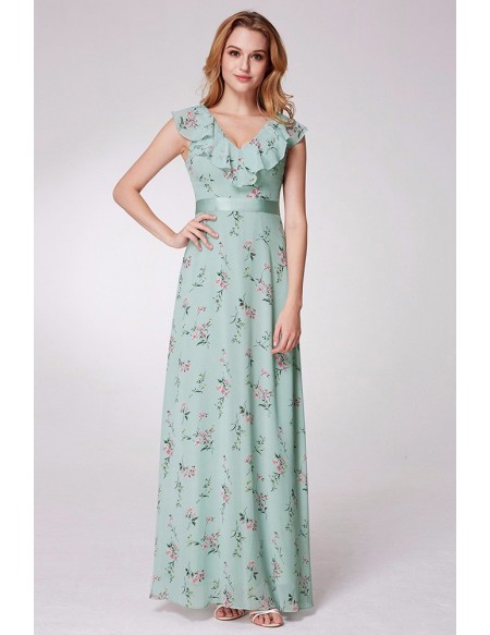 Falbala Neck Mint Green Floral Print Bridesmaid Dress