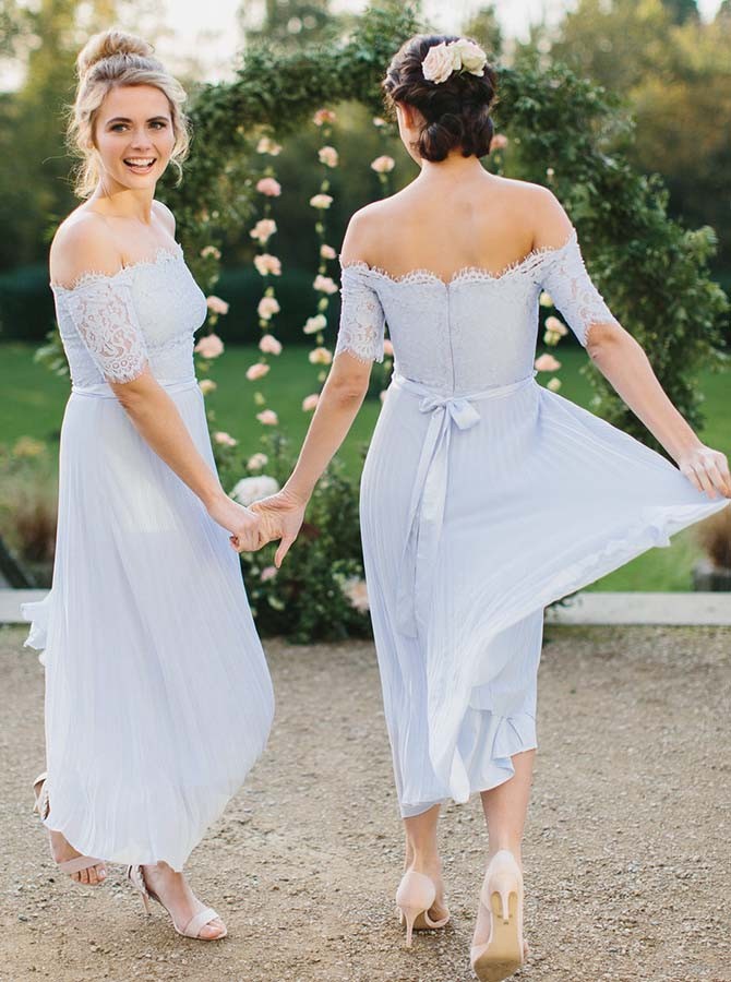 light blue off the shoulder bridesmaid dress