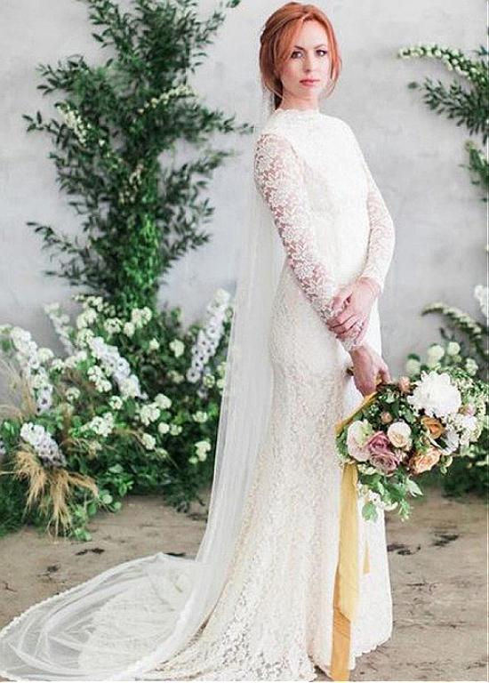 high collar long sleeve wedding dress