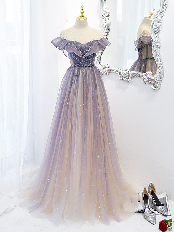 open lace back dress Round Neck Champagne Tulle Long Prom Dress with Lace Applique PSK115 US2 / Champagne/White