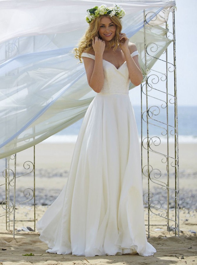 Cheap Long A-Line Off-the-Shoulder Sweep Train Chiffon Beach Wedding Dress Cheap Long A-Line Off-the-Shoulder Sweep Train Chiffon Beach Wedding Dress