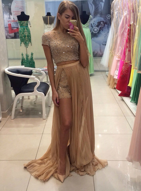 Beading Crystals Two Piece Short Sleeve Prom Dress With Detachable Skirt