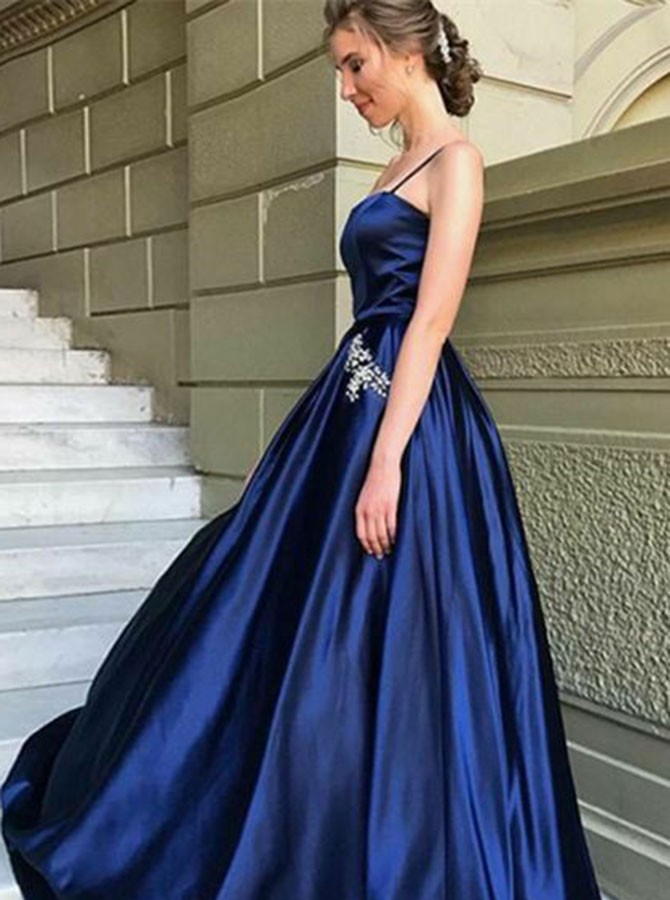 navy blue satin prom dress