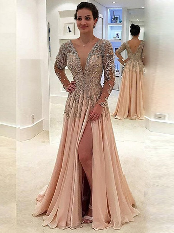 a line v neck long dress