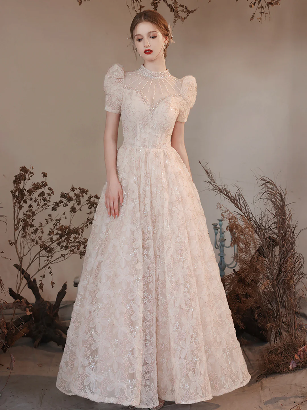 Beading High Neck Short Sleeve A Line Princess Prom Dress Beading High Neck Short Sleeve A Line Princess Prom Dress