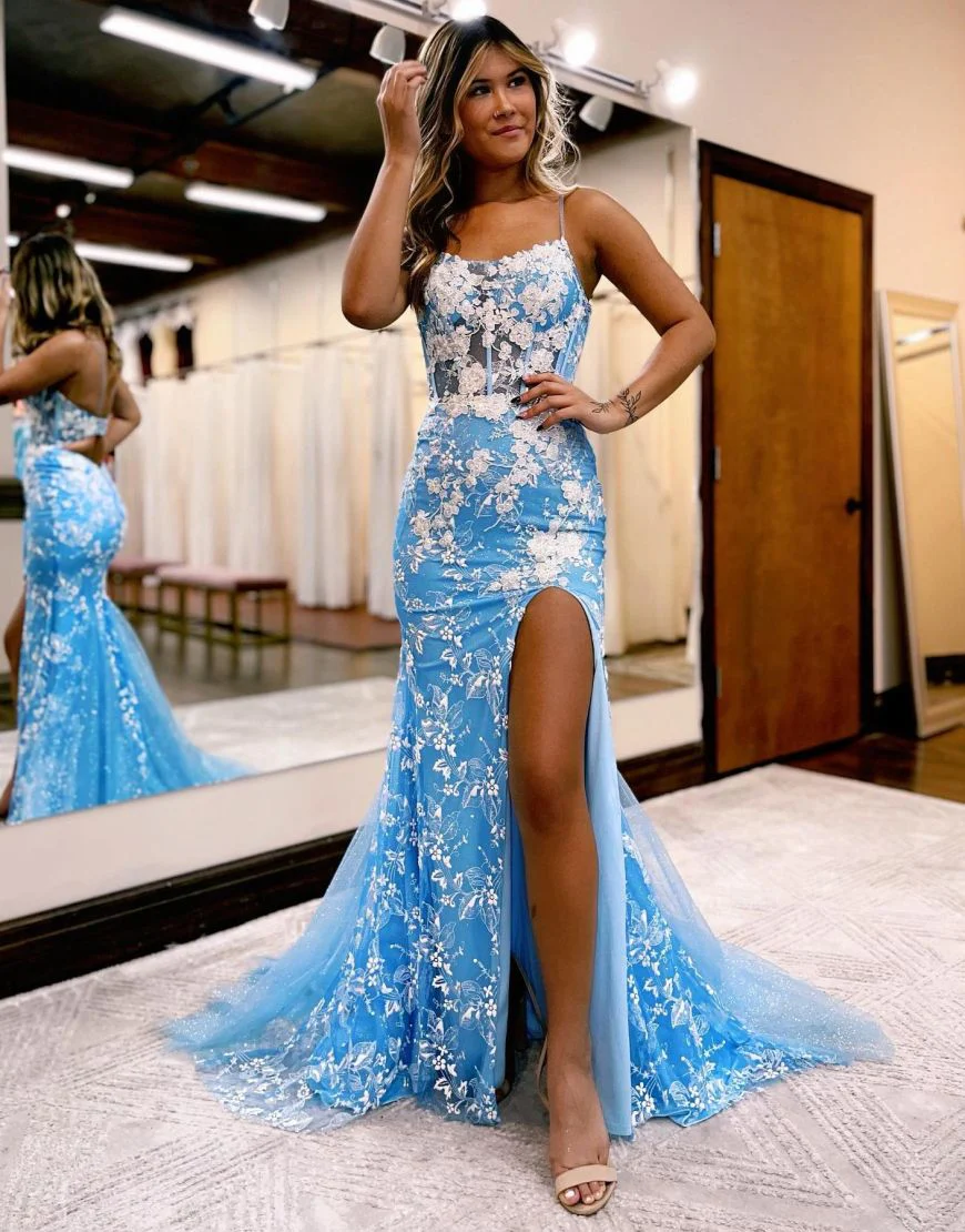blue dress for baby girl Rhinestones Pool Blue Spandex Knit Mermaid Long Train Prom Dress