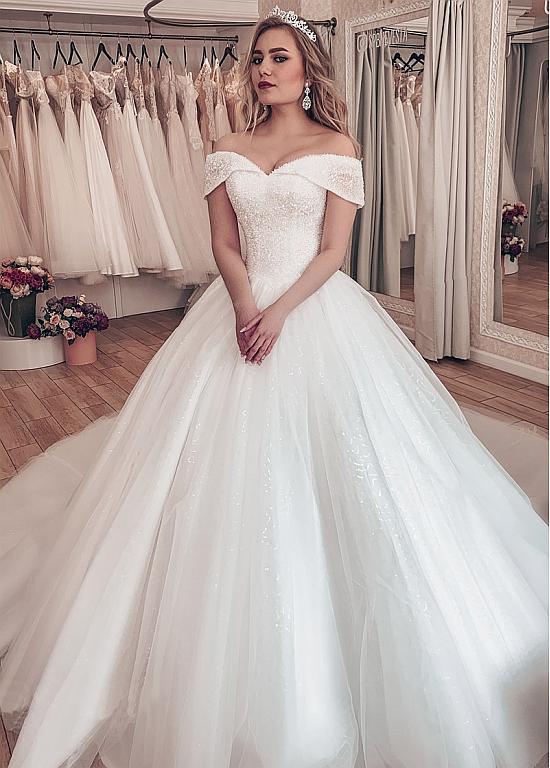 off the shoulder tulle wedding dress
