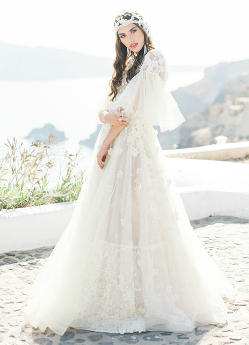 Shop 2023 ANNAKOO Floral V Neck Princess Romantic Wedding Dress