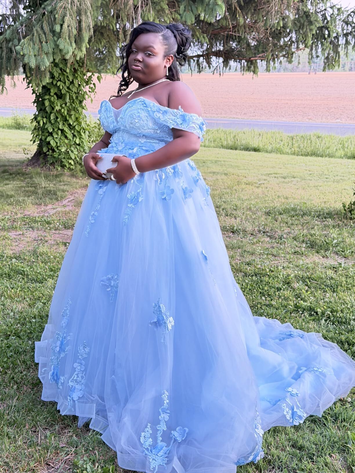 blue lace a line prom dress