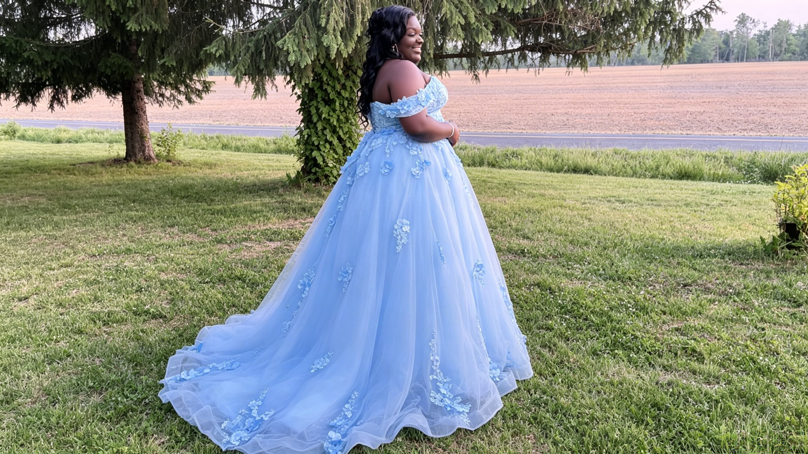 blue lace a line prom dress
