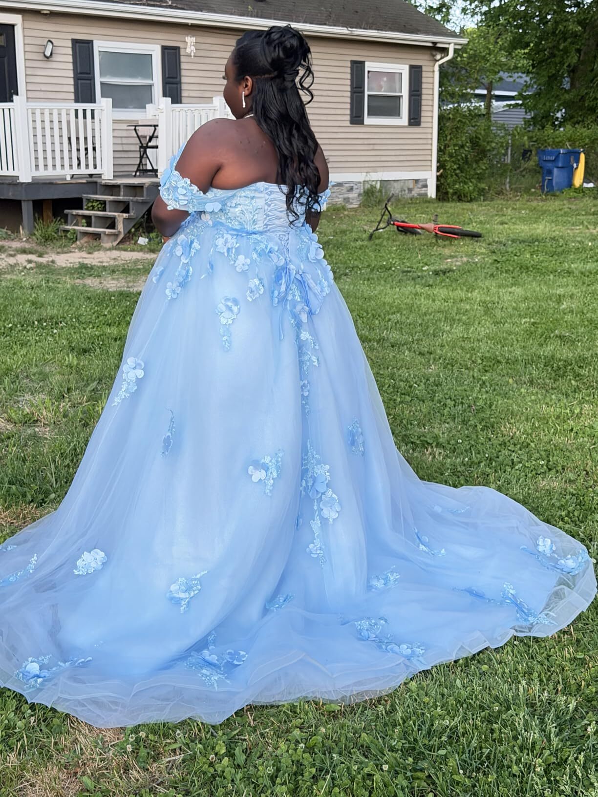 blue lace a line prom dress