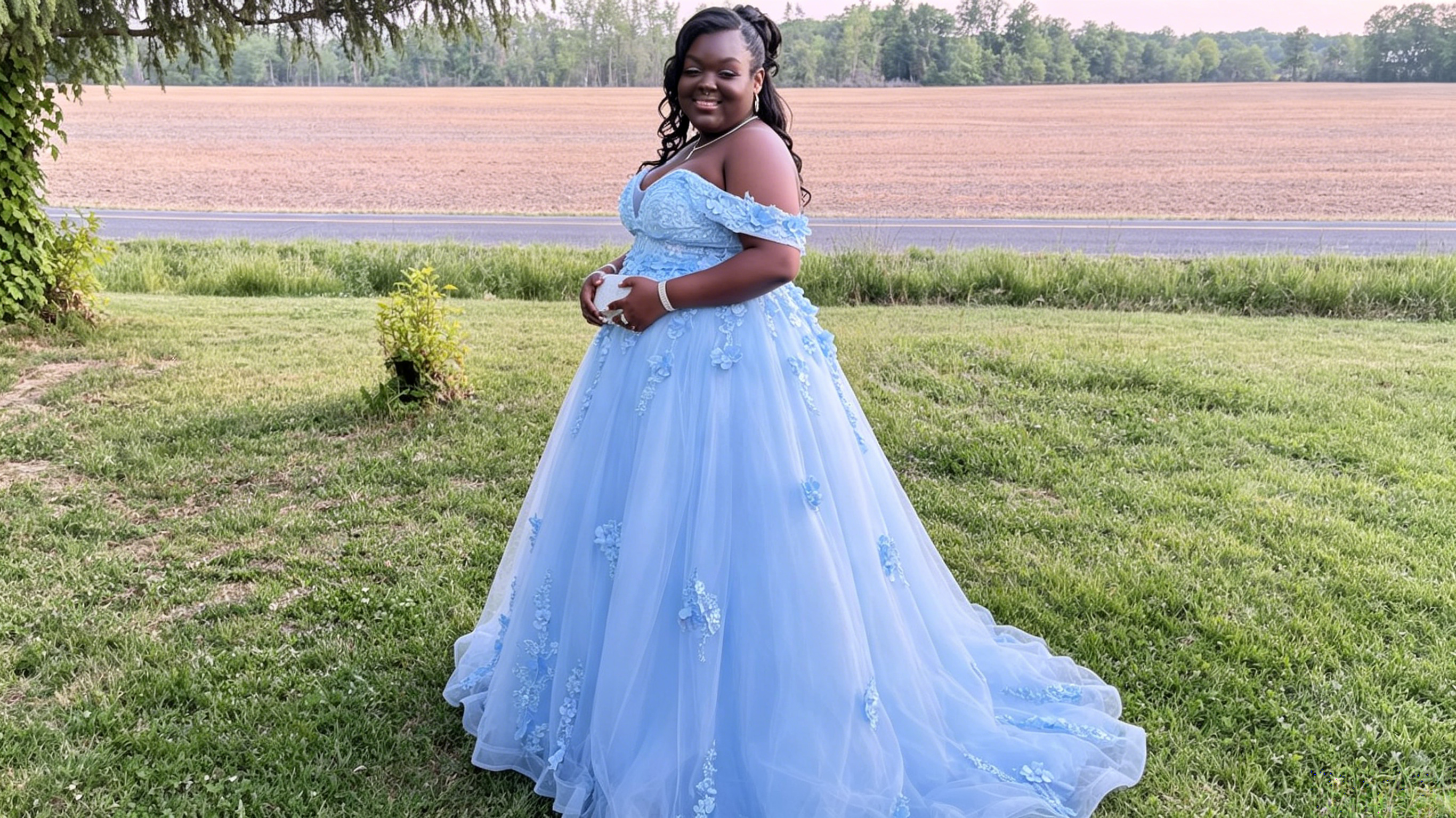 blue lace a line prom dress
